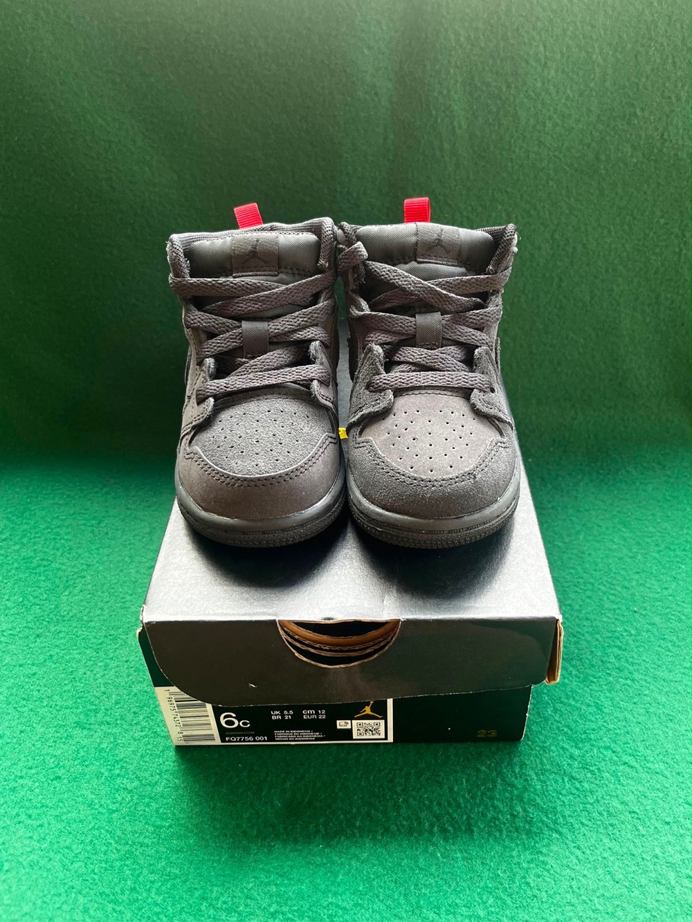 Jordan 1 Mid Toddler Dark Smoke Grey Sneakers with Red Heel Tabs